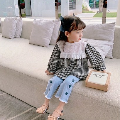 Áo tay dài phồng phối ren họa tiết sọc caro dễ thương thời trang xuân thu cho bé gái 3-8 tuổi