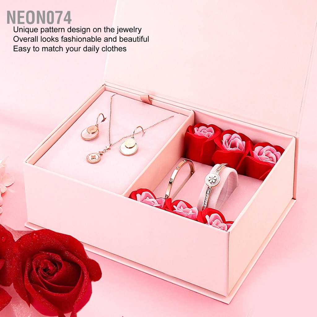 Neon074 Bộ đồ trang sức phụ nữ Tiệc cưới Hoa tai vòng cổ thời với Hộp quà