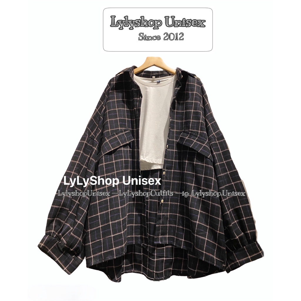 Áo sơ mi nữ Lylyshop - 03, kiểu áo sơ mi kẻ caro oversize form rộng tay phồng chất kate dày vừa phải mặc đi học đi chơi