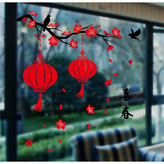 Decal trang trí Tết - Cặp Lồng Đèn đỏ treo trên cành Mai