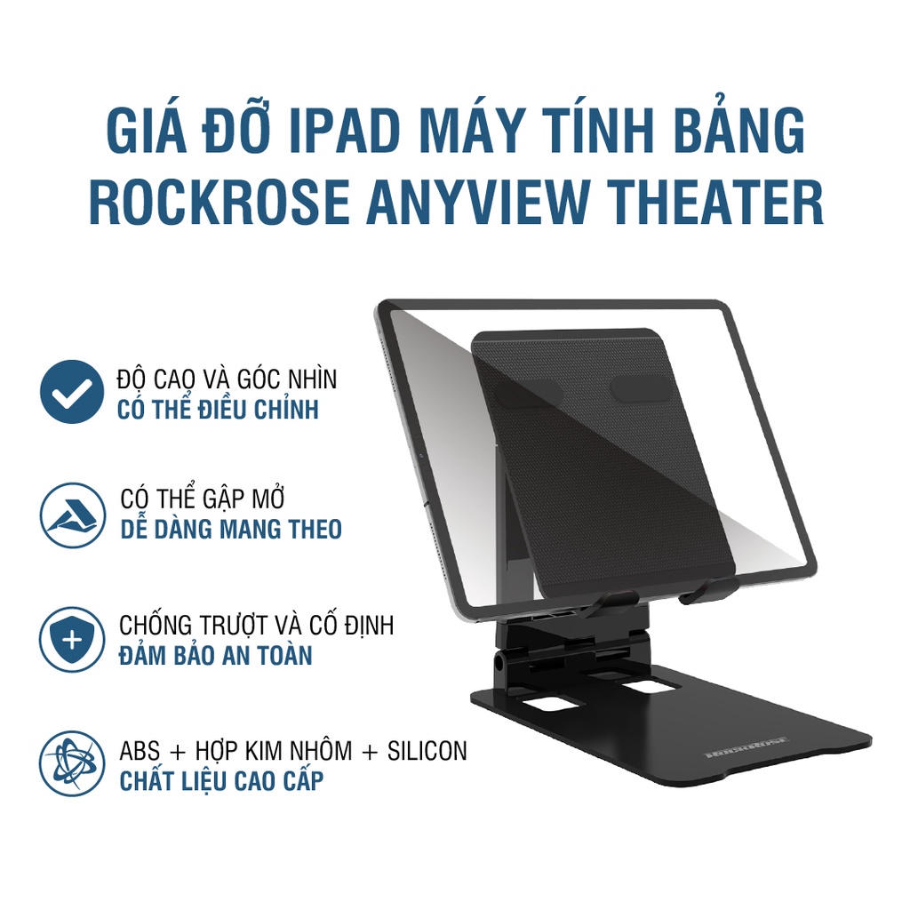 Giá Đỡ iPad Máy Tính Bảng ROCKROSE Anyview Theater - Chất Liệu Hợp Kim Nhôm Chống Trượt, Gấp Gọn Đa Năng, Xoay 90 Độ