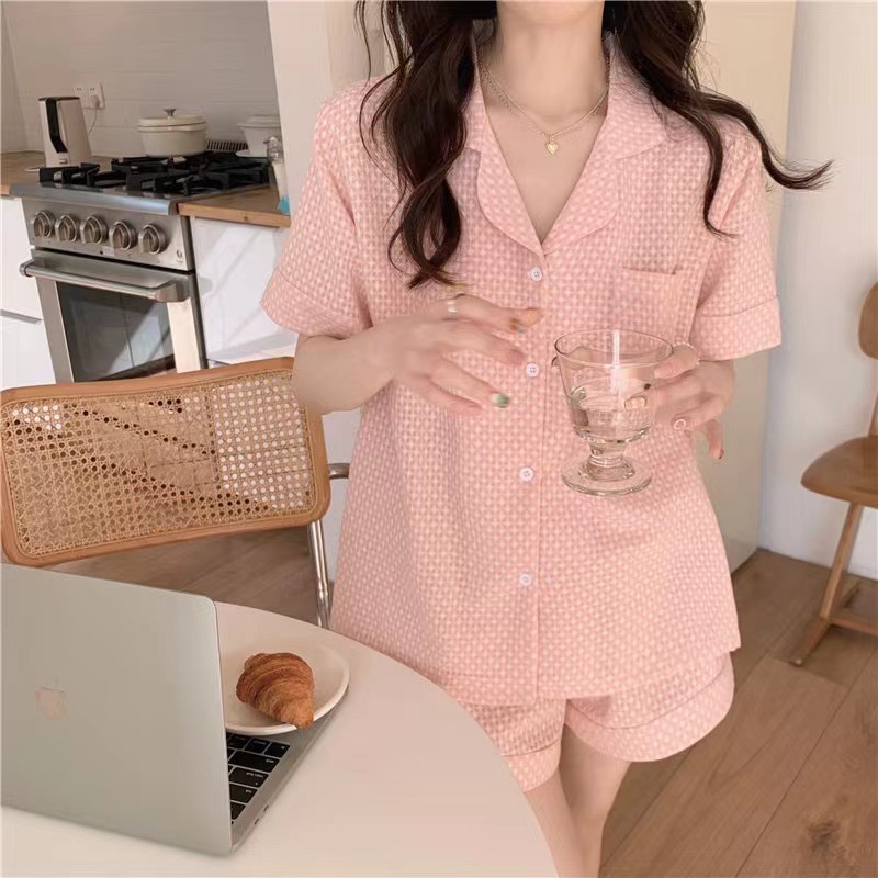 Bộ Đồ Ngủ Áo Tay Ngắn Và Quần short Dáng Rộng Màu Trơn Thời Trang Mùa Hè Cho Nữ Sinh
