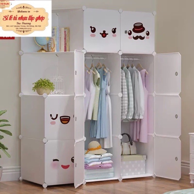 Tủ nhựa ghép- Tủ quần áo 10 ô kèm 2 góc thân sâu 47cm. Tặng kèm 1 treo đồ. Thân đen cửa lá phong mẫu siêu HOT 2019.