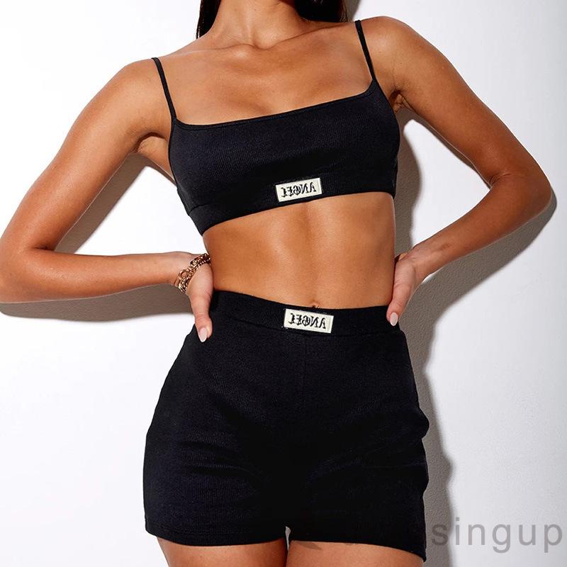 Bộ 2 Món Áo Croptop Hai Dây + Quần Short Lưng Cao Ôm Dáng Thời Trang Mùa Hè Cho Nữ