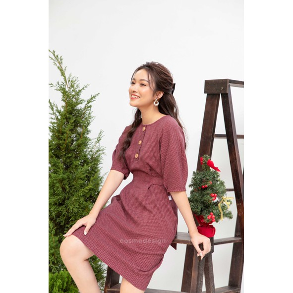 Váy Suông Kẻ Đỏ Tweed Thắt Đai Eo