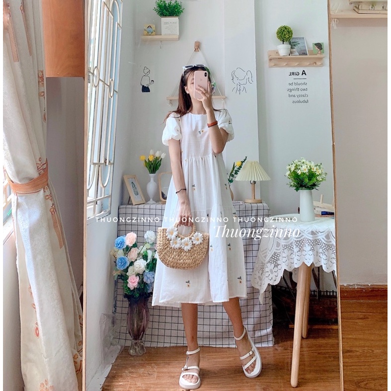 [Ảnh thật/Video] Đầm Váy Hoa Cúc Xinh Đẹp thiết kế Tay Bồng Chất Liệu Lụa Hàn Mềm Mịn