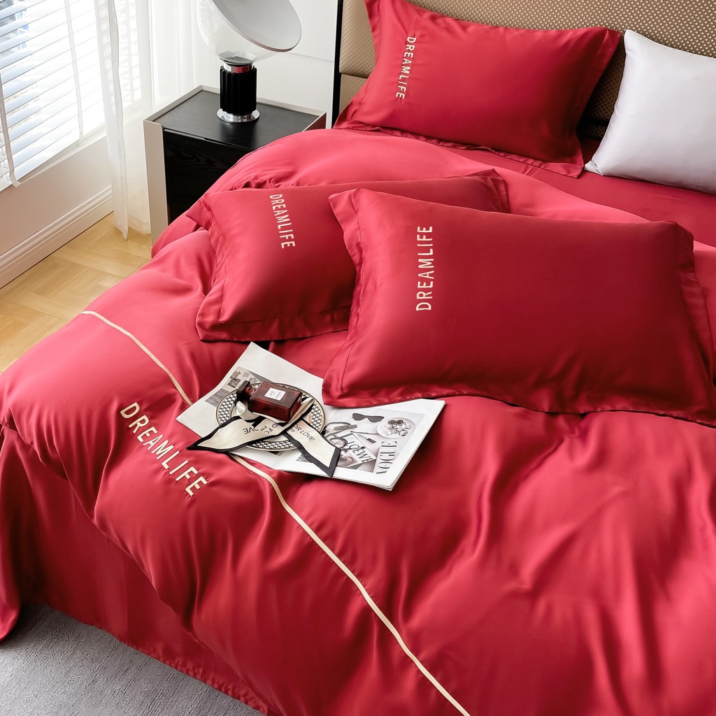 Bộ chăn ga gối 100%Tencel 120s DreamLife cao cấp siêu mát mịn, chăn ga cưới, có sẵn 5 màu