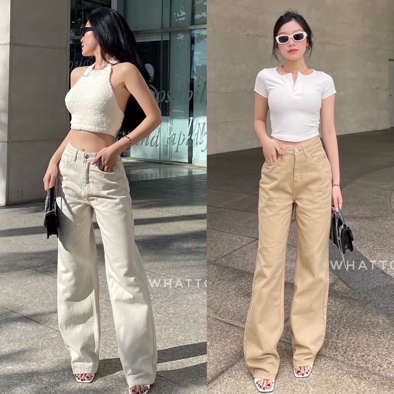 Quần jeans ống suông cạp cao KEM/ RÊU/ ĐEN/ KAKI