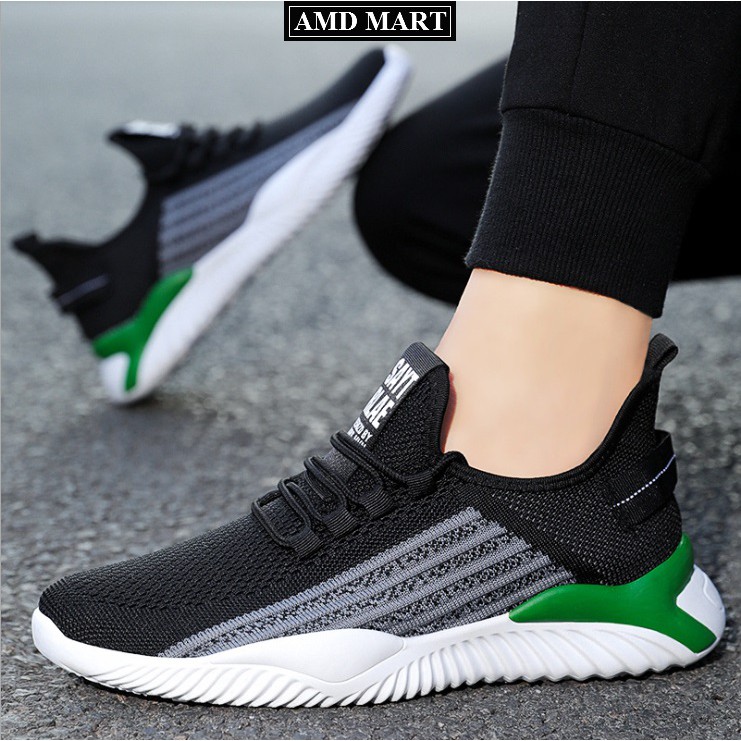 Giày thể thao nam giày sneaker nam W61 dệt sợi cao cấp êm chân thoáng khí phối màu đen trắng nổi bật