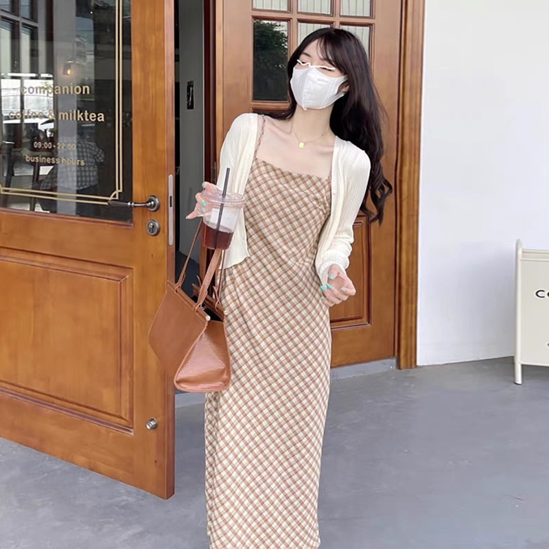 🌸 Váy 2 dây kẻ caro + áo khoác siu xinkk COÁ ẢNH THẬT