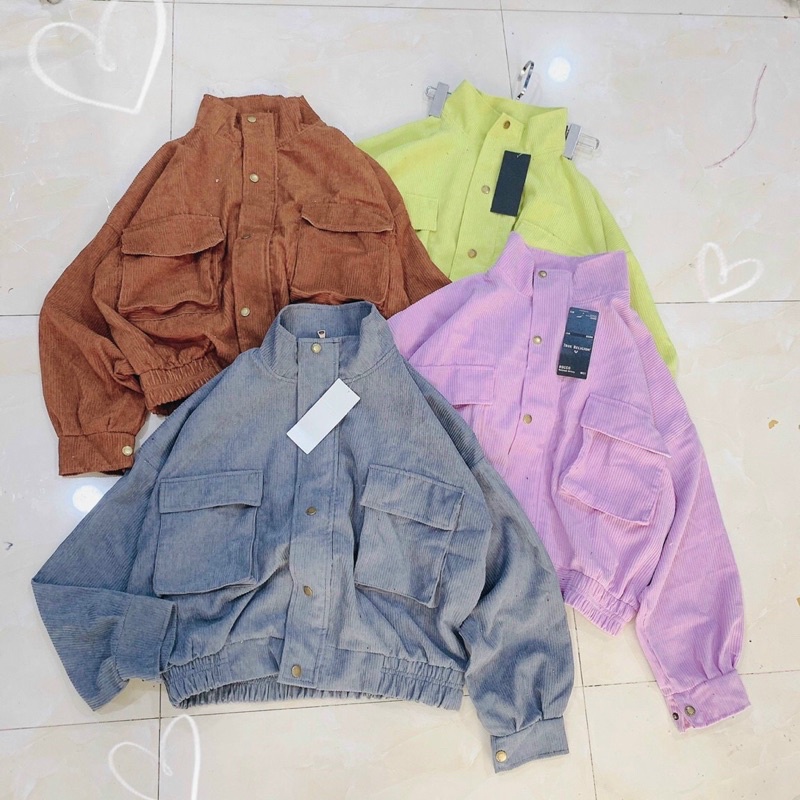 Áo khoác lửng croptop kaki nhung gân 1 lớp không nón túi hộp nút bấm unisex ulzzang nam nữ