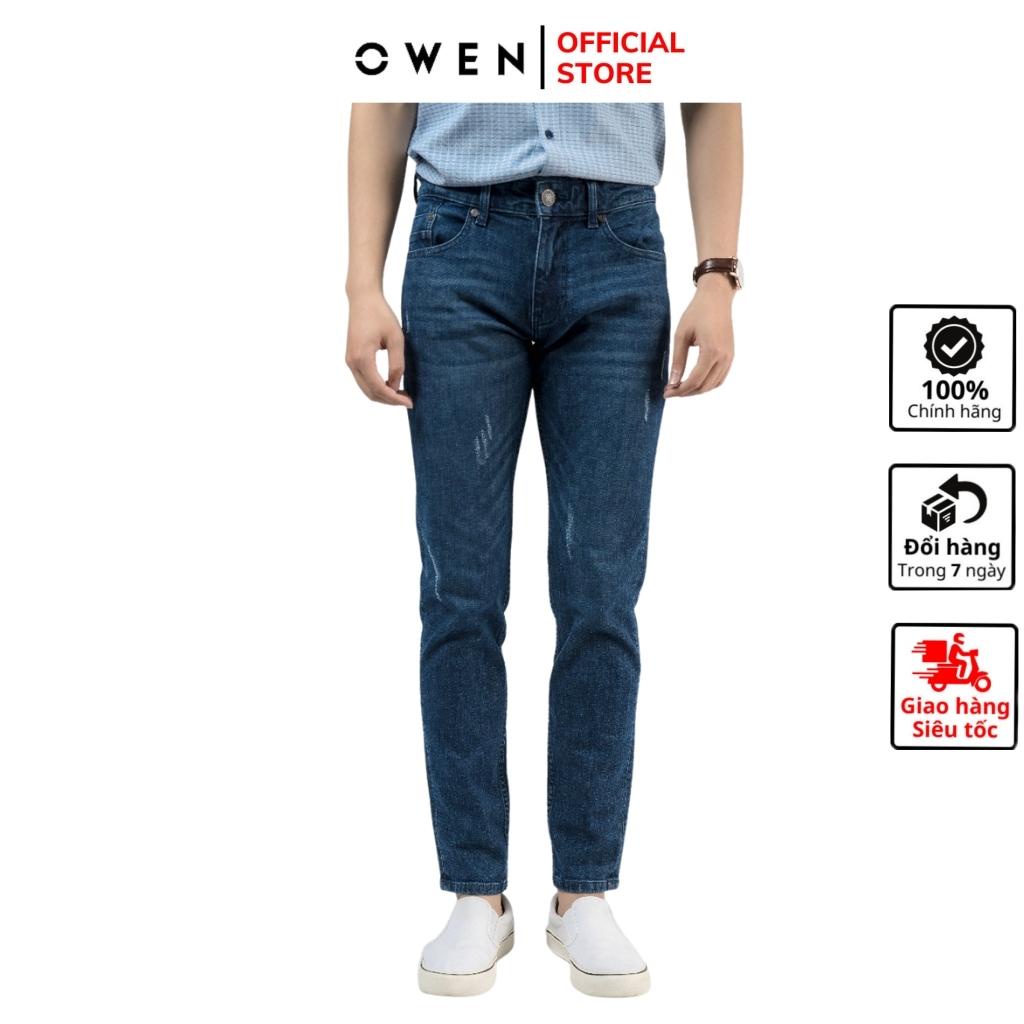 Quần jean nam hàng hiệu Owen QJSL220287 dáng slim fit ống côn màu xanh đậm vải bò denim cotton cao cấp bền đàn hồi tốt