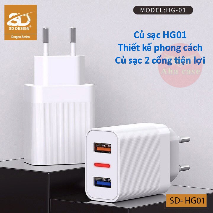 Bộ Củ + cáp sạc SD DESIGN HG 01 sạc nhanh có chân sạc lightning, TypeC, Micro cho mọi điện thoại Iphone, samsung, xiaomi