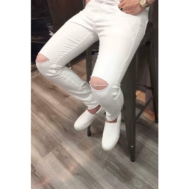 Quần jean nam ống ôm màu trắng rách gối chất bò co giãn bốn chiều thời trang cao cấp NEWSHOP702