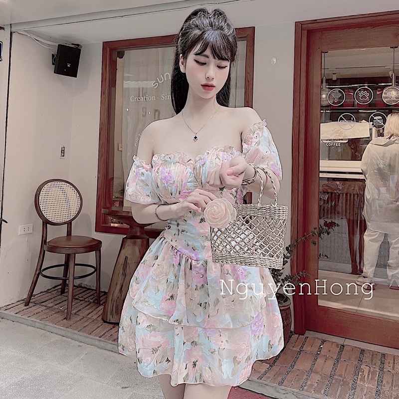 Váy hoa cup ngực tay bồng