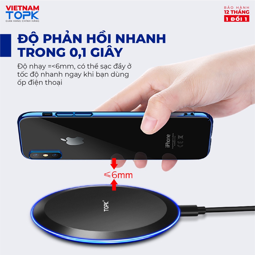 Sạc không dây TOPK B46W - Công nghệ sạc Qi 10W - Tích hợp đèn LED - Hàng chính hãng - Bảo hành 12 tháng