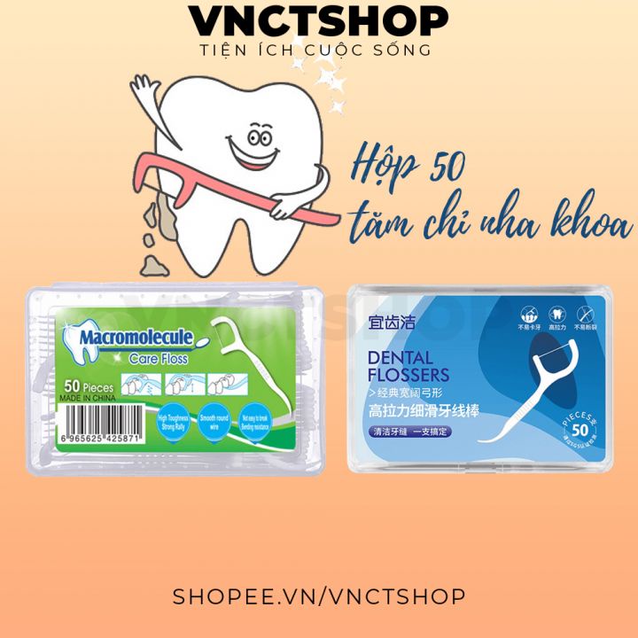 Hộp 50 tăm chỉ nha khoa, tăm xỉa răng sợi chỉ mảnh nhỏ tiệt trùng vệ sinh răng miệng - 50 chiếc