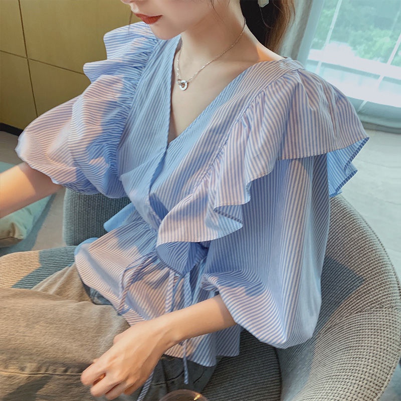 Áo Sơ Mi Ngắn Tay Xù Lông 156478 Áo Sơ Mi Dáng Rộng Cổ Chữ v Kẻ Sọc Xanh Lam Thắt Nơ Eo Trẻ Trung
