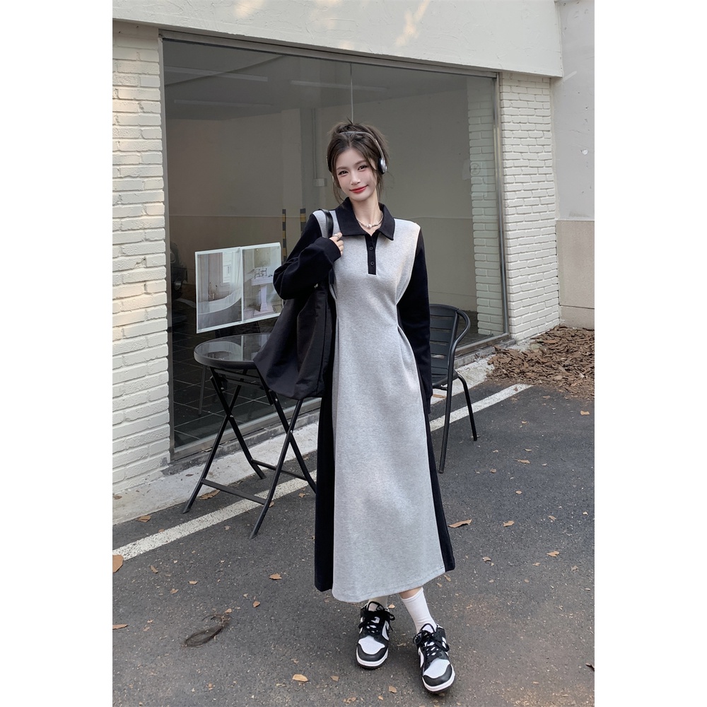 Đầm midi cổ bẻ tay dài ôm eo kết hợp màu sắc tương phản phong cách Mỹ retro thời trang dành cho nữ