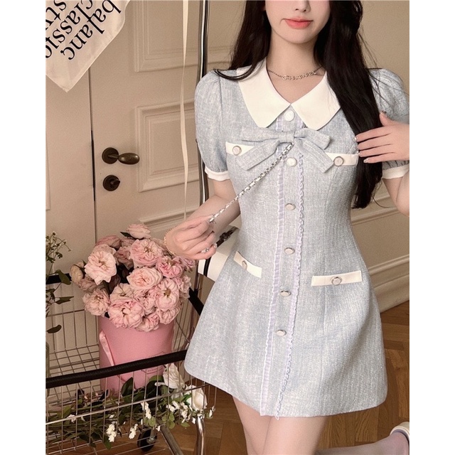 Váy dạ tweed màu xanh dáng chữ A ngắn tay phong cách hàn quốc thời trang hè 2022