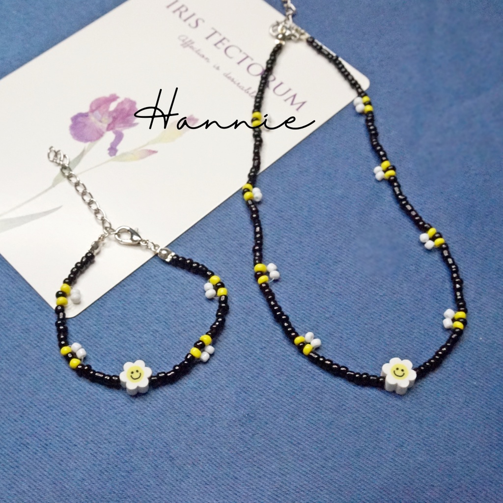 Set hạt cườm đen con ong bee charm hoa - Combo vòng cổ vòng tay handmade dành cho nam nữ đơn giản