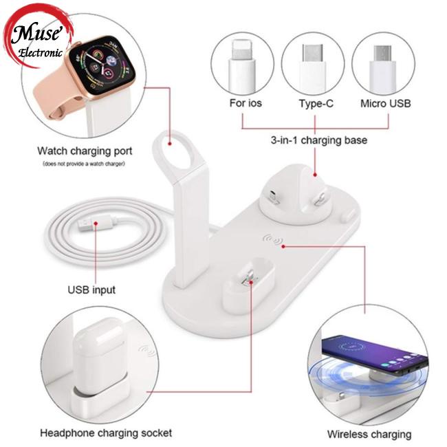Giá Đỡ Kiêm Sạc Không Dây 3 Trong 1 Xoay Được Đa Năng Cho iPhone Airpods