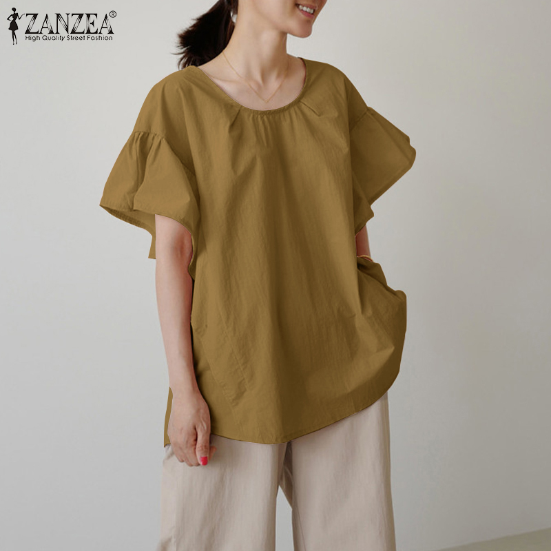 Áo ZANZEA Dáng Rộng Tay Áo Ngắn Phồng Cổ Chữ O Màu Trơn Cho Nữ Giới