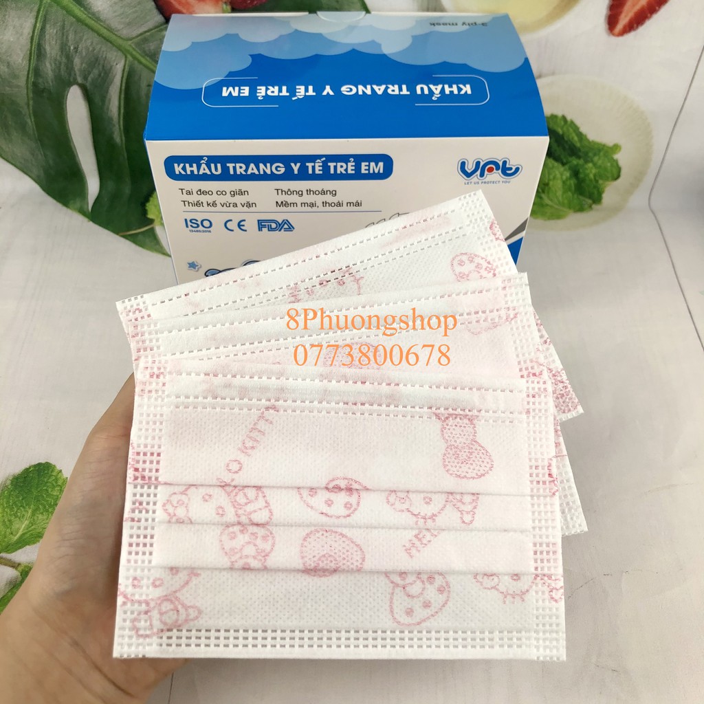 Khẩu trang y tế cho bé 6 – 13 tuổi màu Xanh/ in hình ngộ nghĩnh - Khẩu trang 3 lớp kháng khuẩn cho bé 50 cái/ hộp