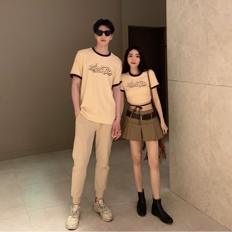 Set đồ đôi áo phông in hình - váy nữ thiết kế dễ thương năng động thời trang KATE COUPLE