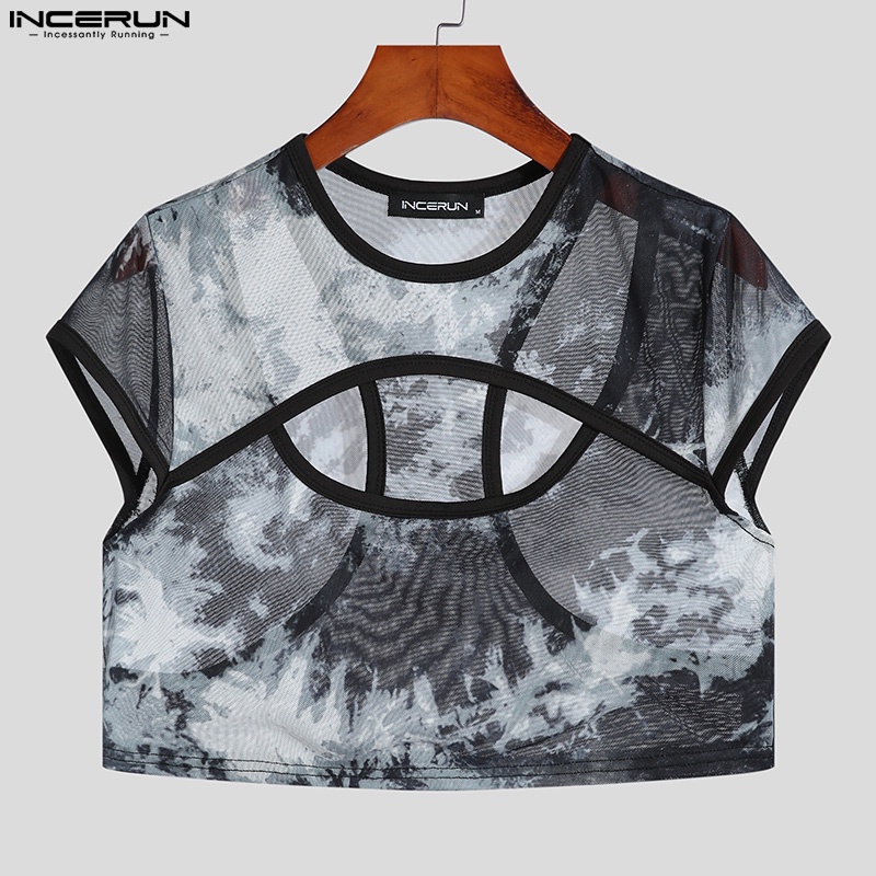 INCERUN Áo Thun Tay Ngắn Dáng Ôm Màu Xanh Xuyên Thấu Thời Trang Cho Nam