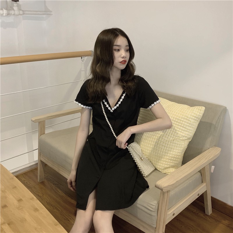 Đầm chiffon nữ tay ngắn phối ren phong cách tinh tế cho phái nữ