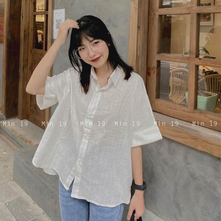 Áo sơ mi nữ đẹp công sở form rộng bigsize kiểu tay ngắn cá tính họa tiết trơn mặc đi học màu trắng xanh thời trang