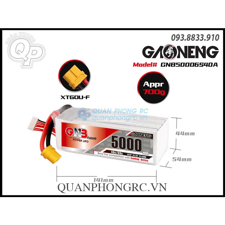 PIN GNB 5000mAh 6S 40C 22.2V LiPo Battery XT60