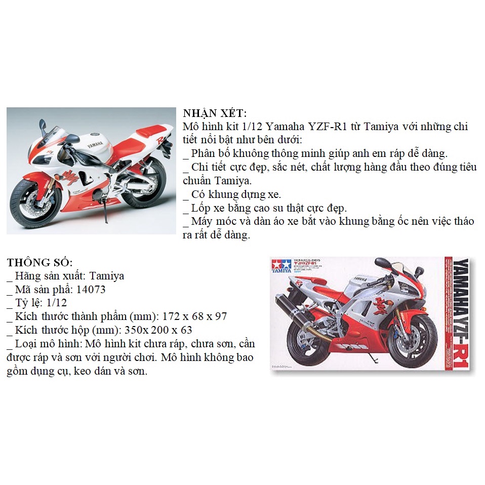 Mô hình xe mô tô 1/12 SCALE YAMAHA YZF-R1 14073 Tamiya