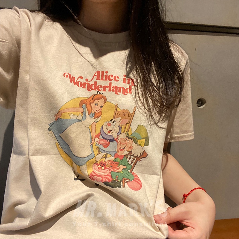 Áo thun SUXI ngắn tay dáng rộng in họa tiết cổ điển phong cách Hàn Quốc