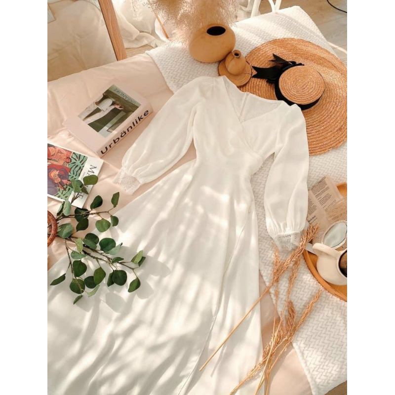 Đầm trắng cổ V chéo viền ren