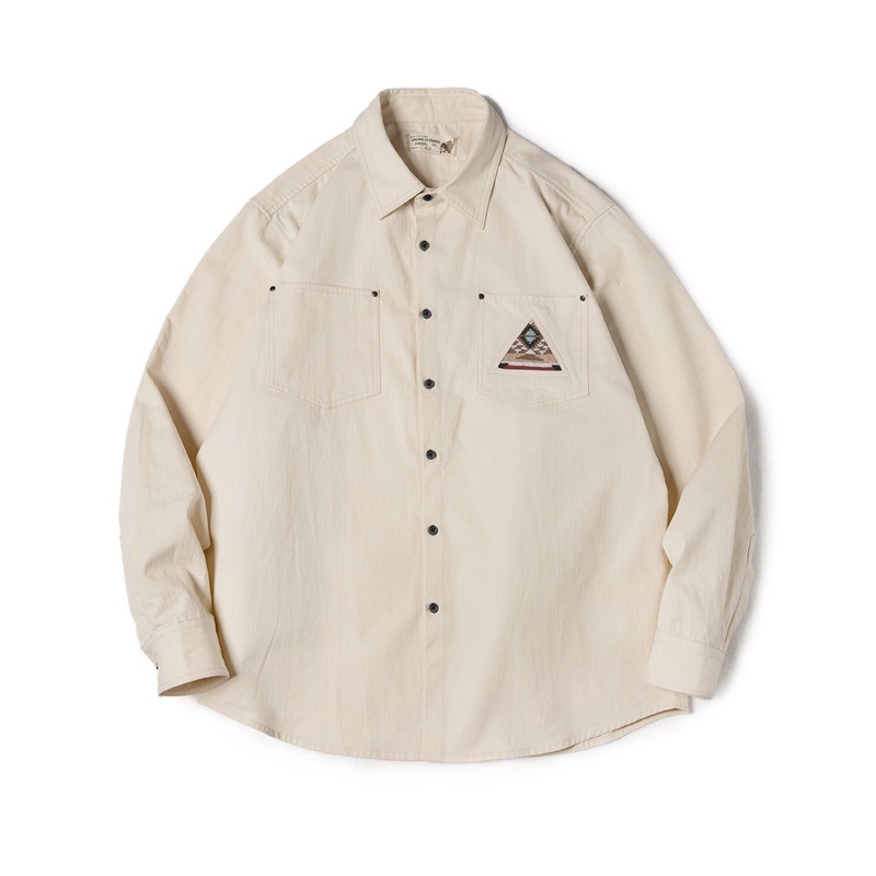 Áo sơ mi nam Maden tay dài thêu vật tổ Ấn Độ có túi gia công máy retro Nhật màu off-white