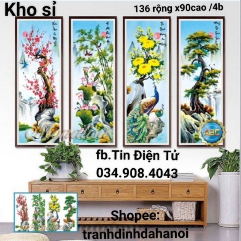 Tranh thêu , tranh đính đá chữ thập tứ quý Mn0011 (136/4bức x cao 90) y8196(136x90