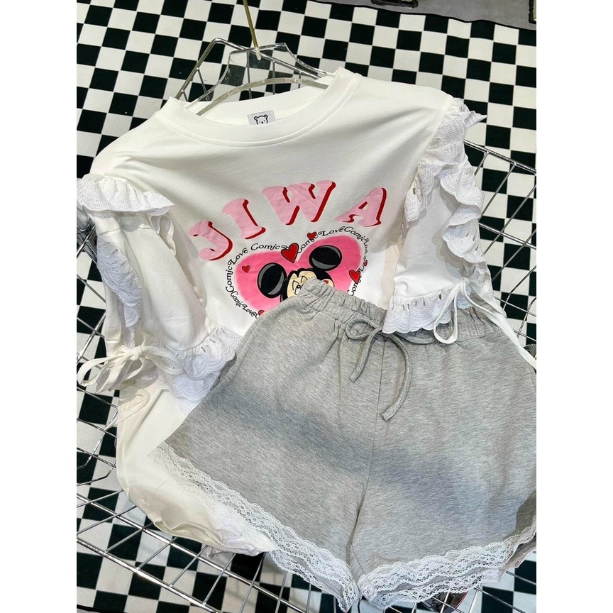 Set đồ bộ in hoạ tiết chuột Mickey phối ren dễ thương