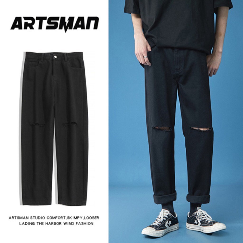 [Hottrend 2021⚡⚡] [B06] Quần Jean Baggy nam rách gối ống rộng cắt gấu đen không phai màu, vải co giãn | BigBuy360 - bigbuy360.vn