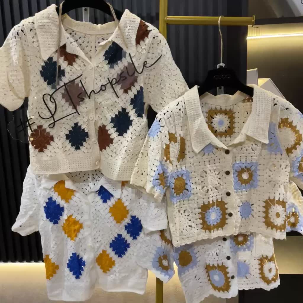 Áo len ren đan móc thổ cẩm hoạ tiết siêu xinh, dáng len cổ bẻ cài khuy A009 | BigBuy360 - bigbuy360.vn