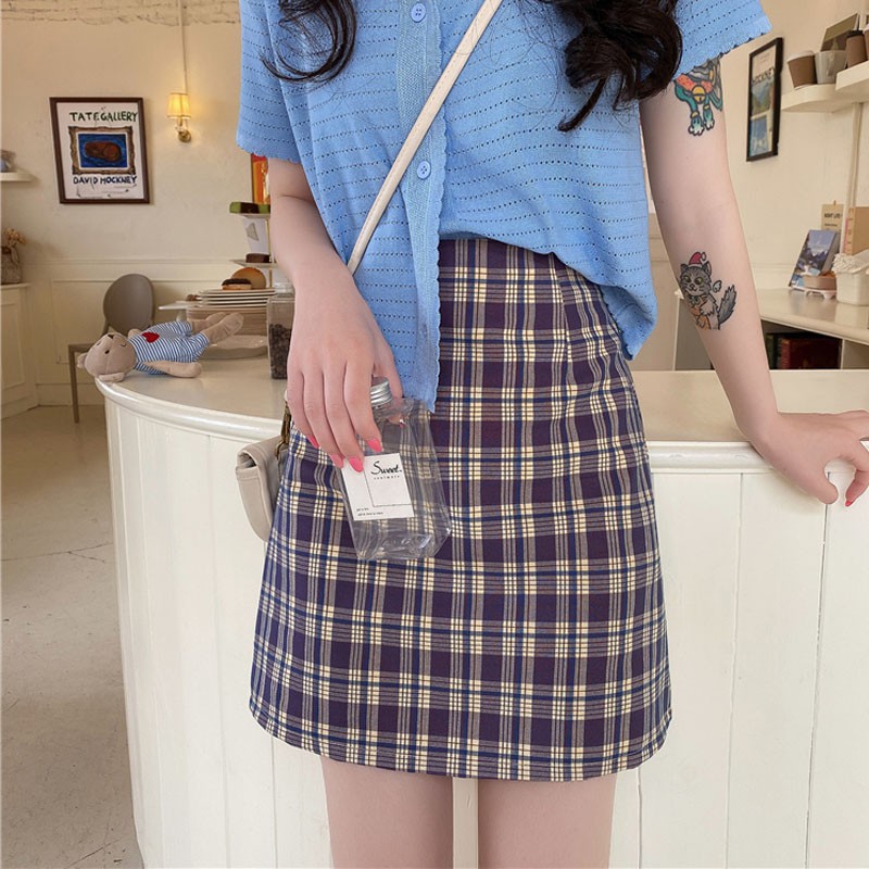 Korean High Waist Plaid Straight Skirt High Waist Was Thin Plaid Skirt | BigBuy360 - bigbuy360.vn