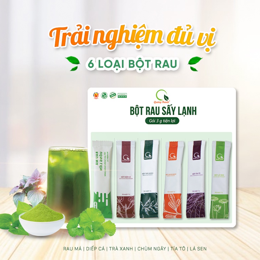 Vỉ Dùng Thử 6 Loại Bột Rau Quảng Thanh: Rau Má - Diếp Cá - Tía Tô - Lá Sen - Trà Xanh - Chùm Ngây (Nguyên Chất 100%)