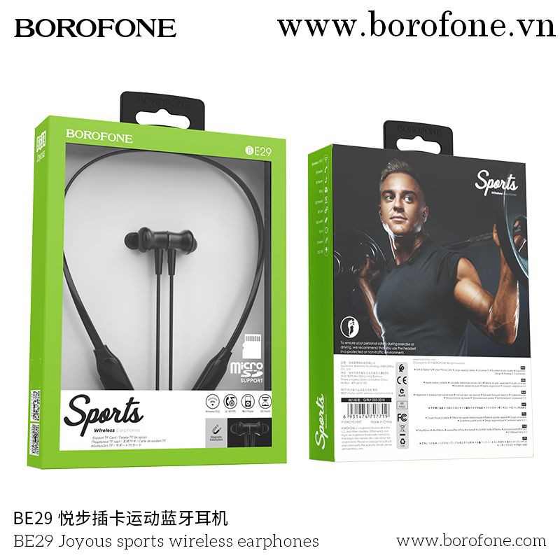 Tai nghe bluetooth thể thao Borofone BE29 Joyous wireless V5.0 Có khe cắm thẻ nhớ, Nghe nhạc và đàm thoại 10H