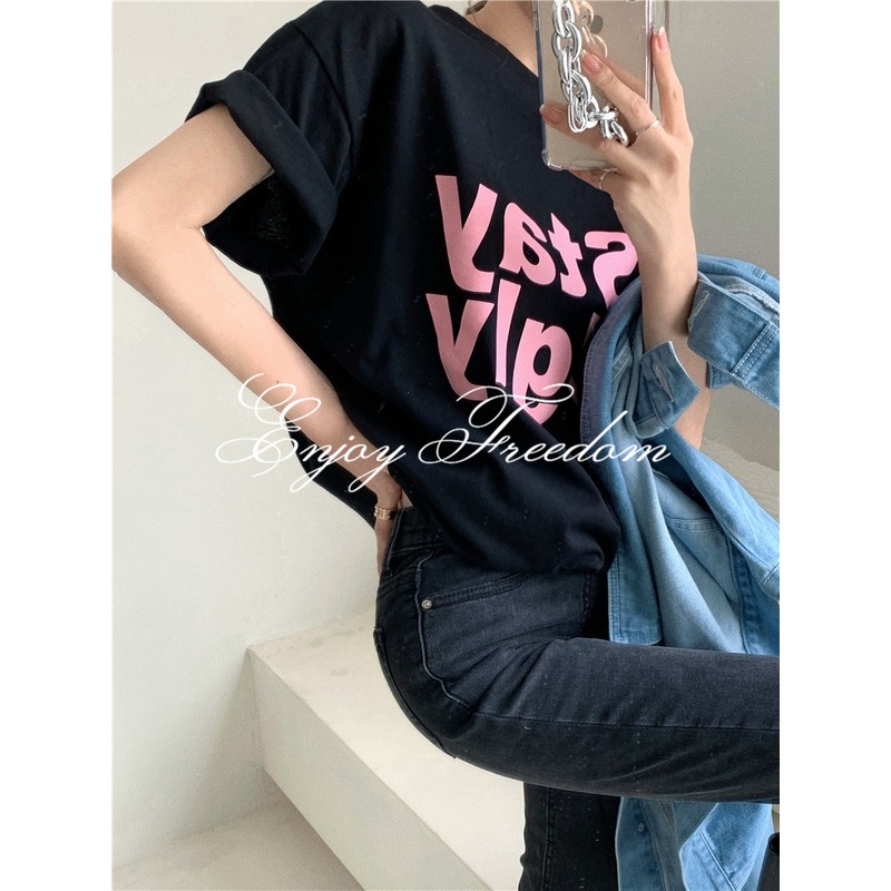 Enjoy Freedom Áo Thun Tay Ngắn Dáng Rộng In Chữ Phong Cách Hàn Quốc Cá Tính Cho Nữ