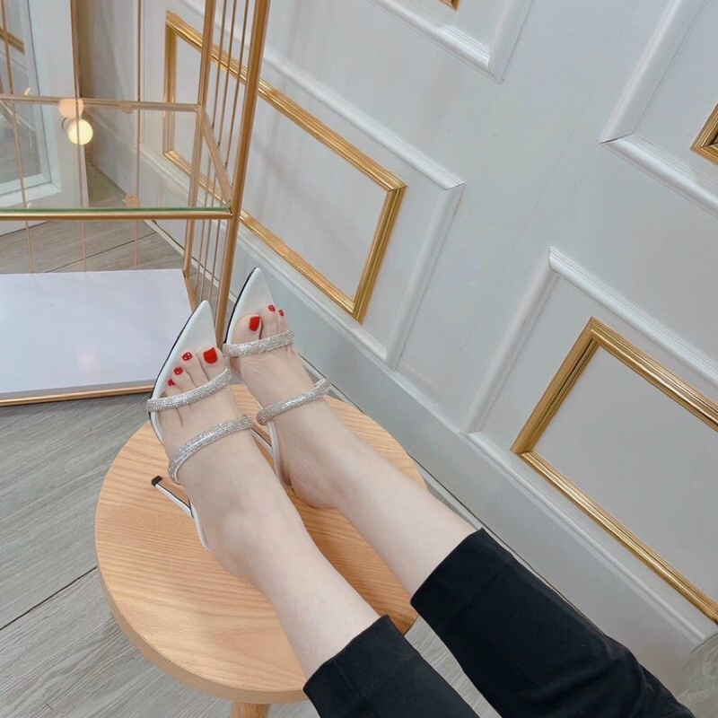 BÁN SỈ Guốc nữ cao gót 2 quai đá to mũi nhọn gót nhọn 9p chanh xả