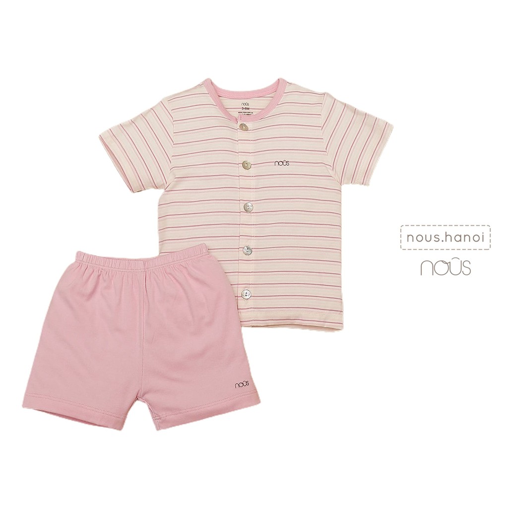 Bộ Quần Áo Cài Thẳng Cộc Nous Kẻ Trắng Hồng Petit (Size 3-6 Tháng Đến 9-12 Tháng)