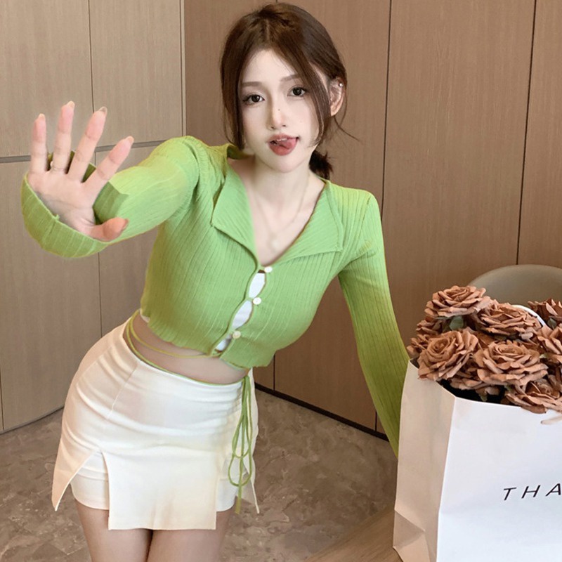 Áo Croptop Dệt Kim Tay Dài Cổ Chữ V Màu Sắc Thanh Lịch