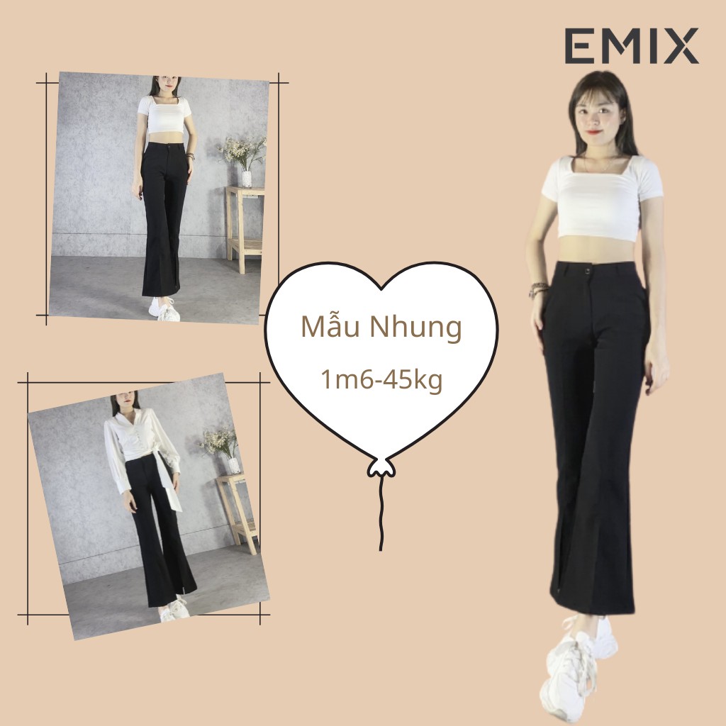 Quần tây nữ công sở ống loe xẻ trước EMIX (màu đen), cạp cao, dáng dài 92cm, khóa trước, xẻ vừa, chất tuyết mưa 2026