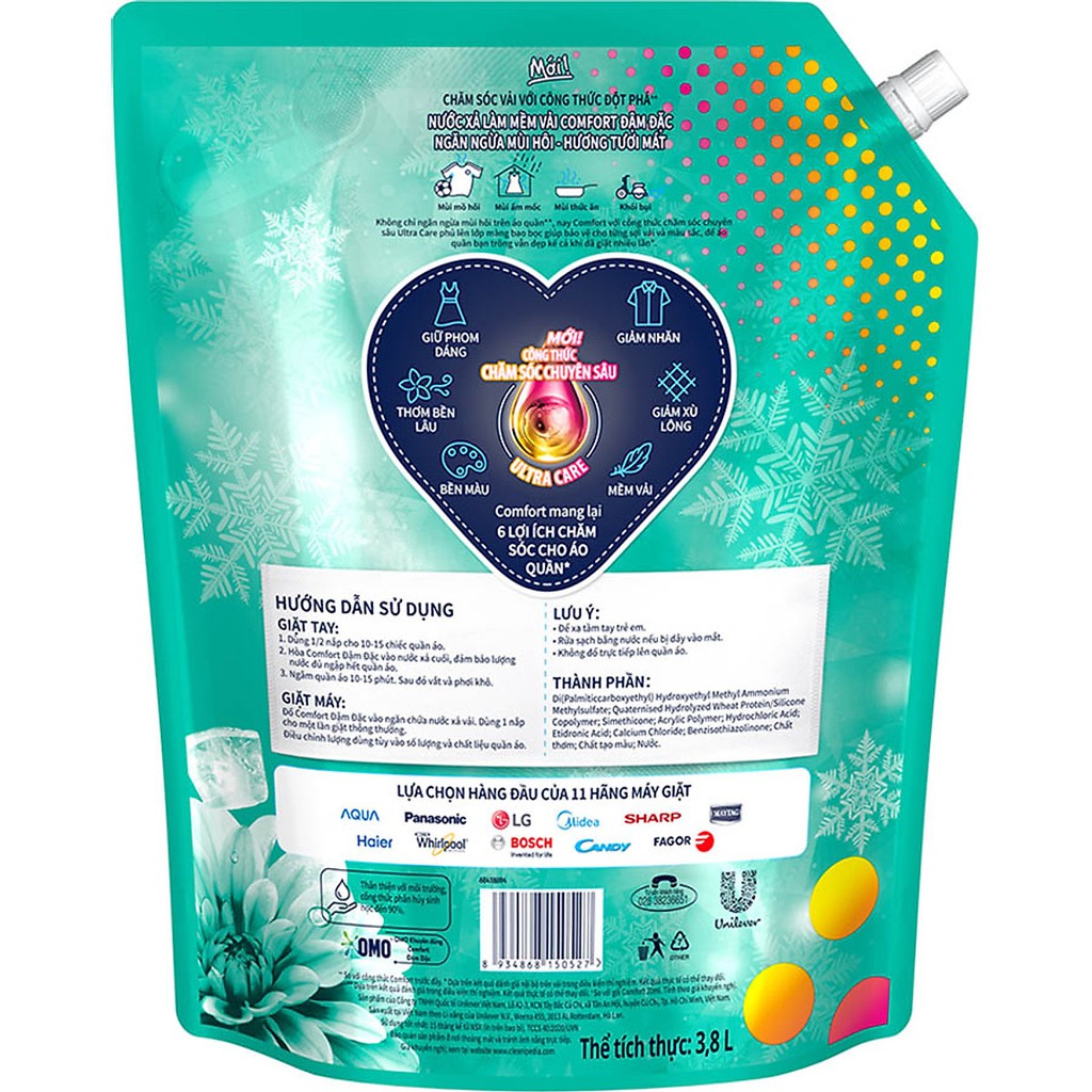 Nước xả vải Comfort Chăm Sóc Chuyên Sâu Ngăn Ngừa Mùi Hôi Hương Tươi Mát túi khổng lồ 3.8L